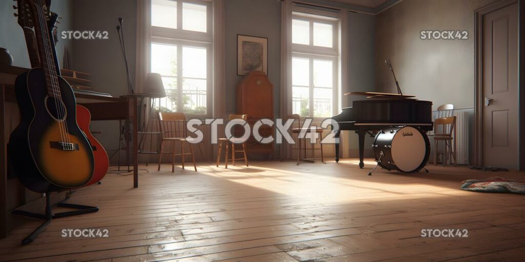 A music room with instruments and equipment but no studen