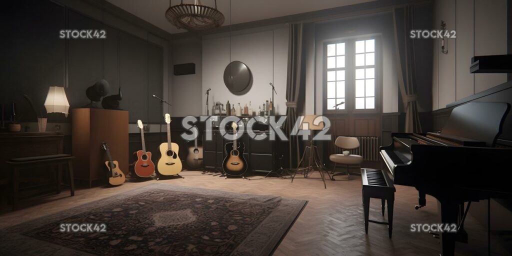 A music room with instruments and equipment but no studen one