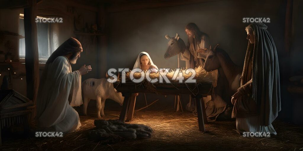 A nativity scene with Mary Joseph and the baby Jesus in a