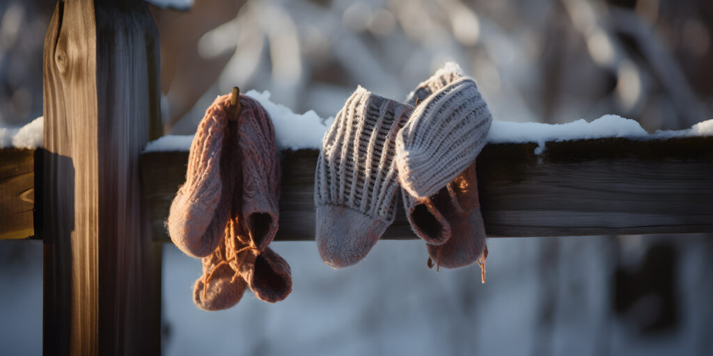 A pair of cozy mittens hanging on a snowy fence