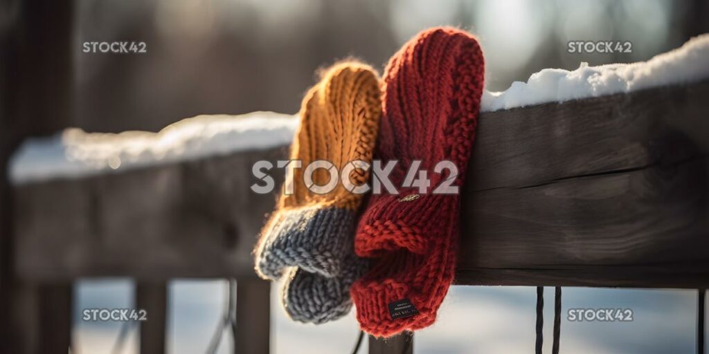 Ein Paar kuschelige Fäustlinge, die an einem verschneiten Zaun hängen