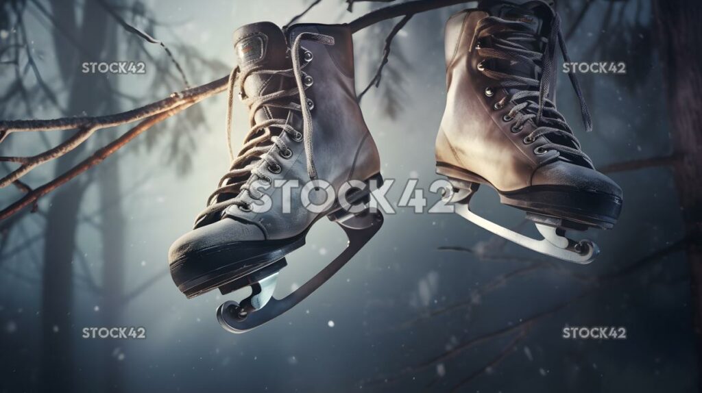 Un par de patines de hielo colgando de la rama de un árbol contra un