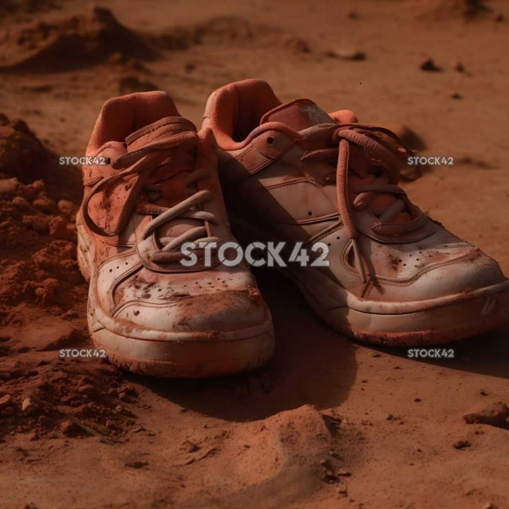 A pair of tennis shoes covered in red clay after a hard-f