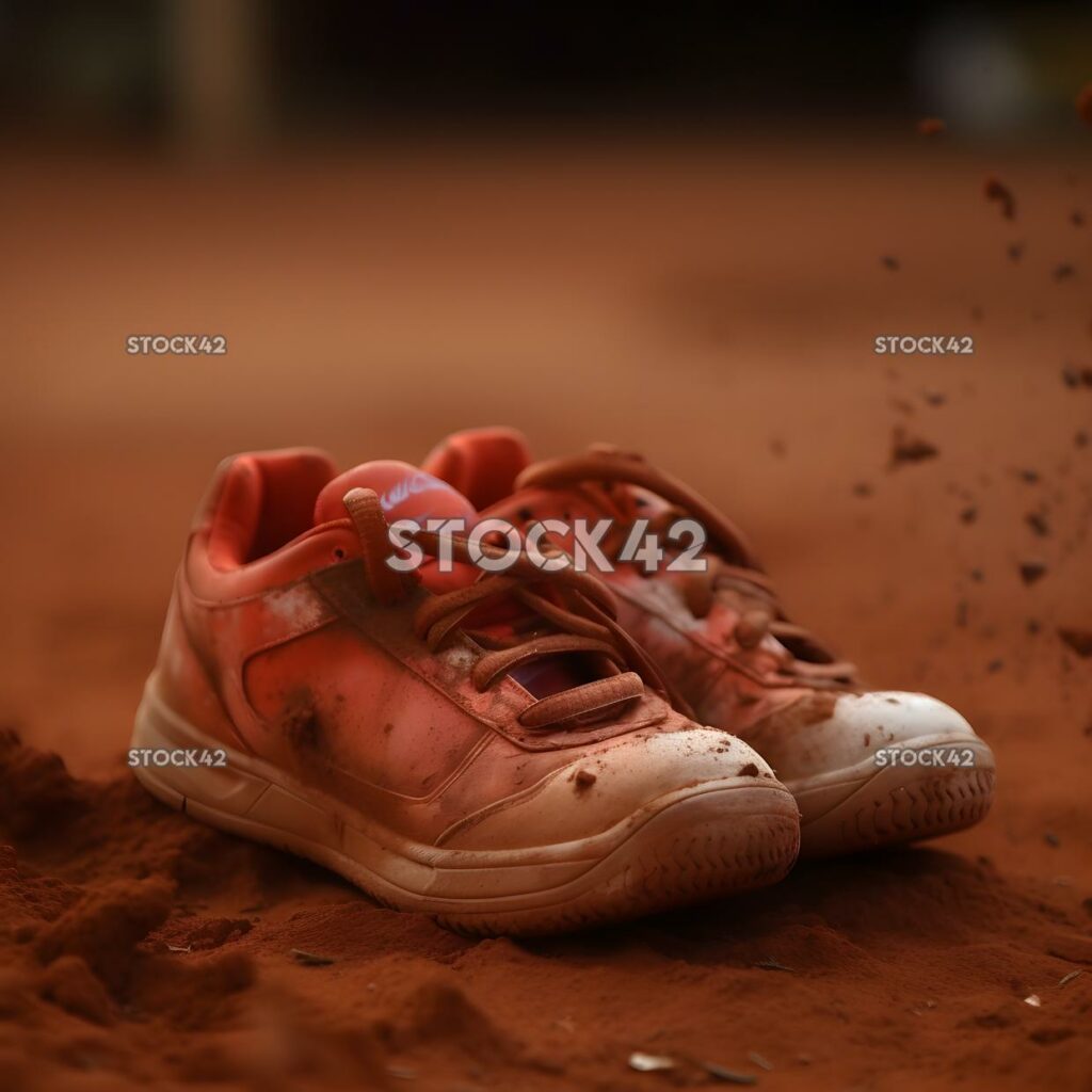 A pair of tennis shoes covered in red clay after a hard-f one