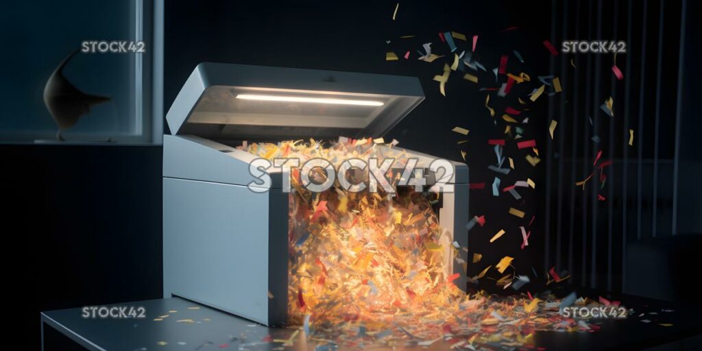 A paper shredder with a bin full of shredded documents dy