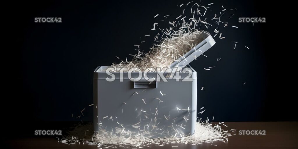 A paper shredder with a bin full of shredded documents dy one