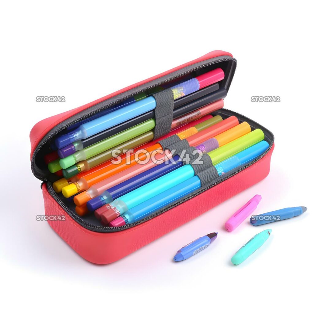 A pencil case filled with markers pens and highlighters