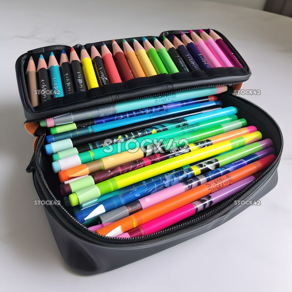 A pencil case filled with markers pens and highlighters one