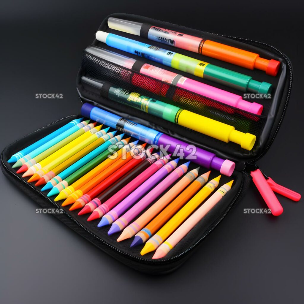 A pencil case filled with markers pens and highlighters two