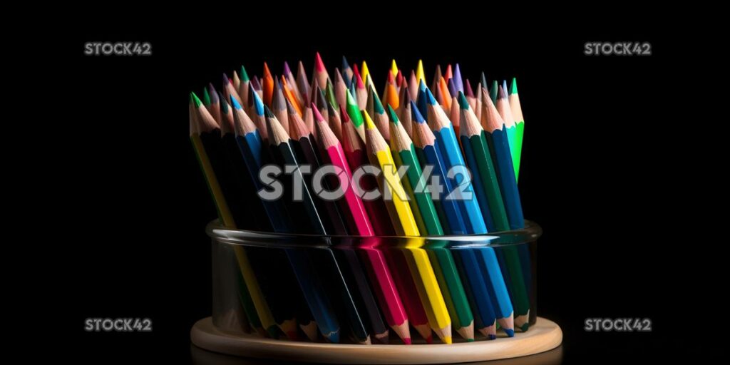 A pencil holder with a rainbow of colored pencils