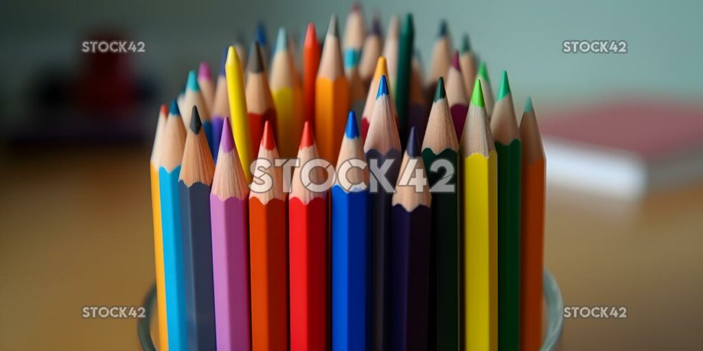 A pencil holder with a rainbow of colored pencils one