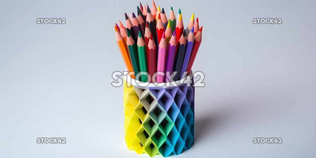 A pencil holder with a rainbow of colored pencils three