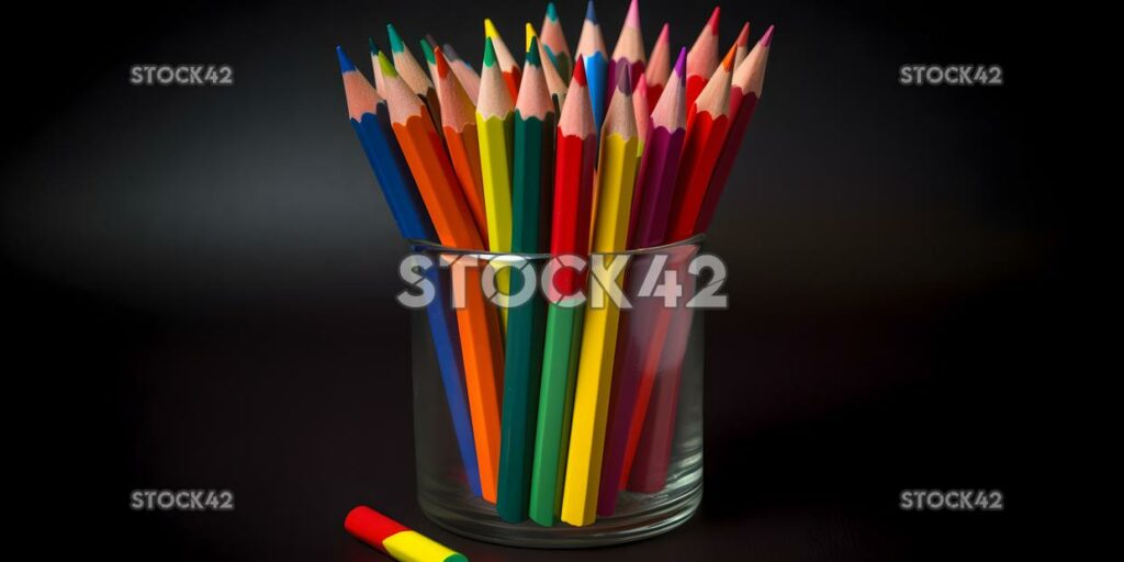 A pencil holder with a rainbow of colored pencils two