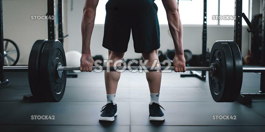 A person performing a deadlift with proper form using a b