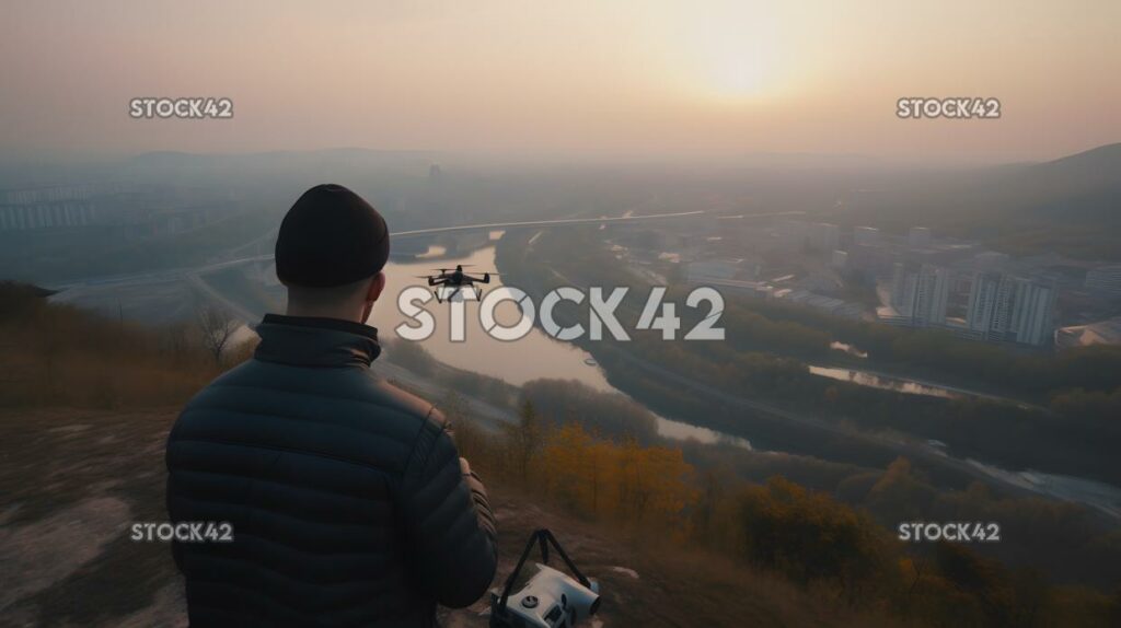 A person using a drone to capture aerial footage of a lan