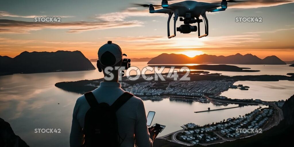 A person using a drone to capture aerial footage of a lan four