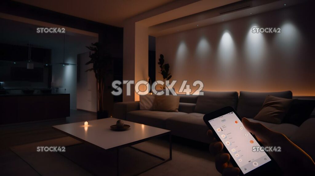 A person using a mobile app to control the lighting and a