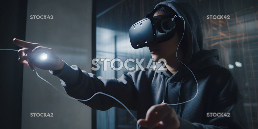 Una persona que usa un controlador de movimiento para jugar un real virtual