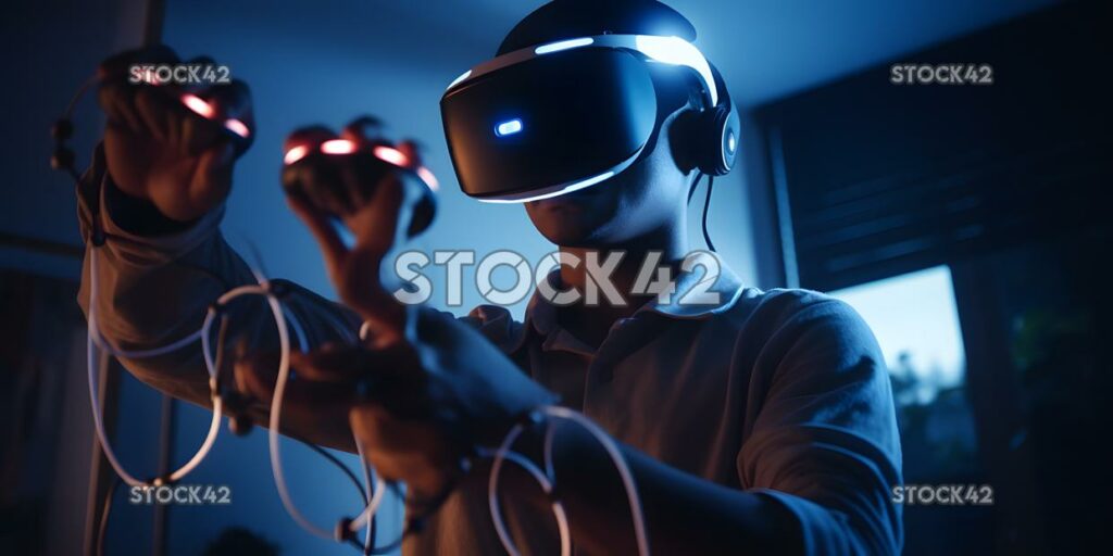 Una persona que usa un controlador de movimiento para jugar un dos real virtual