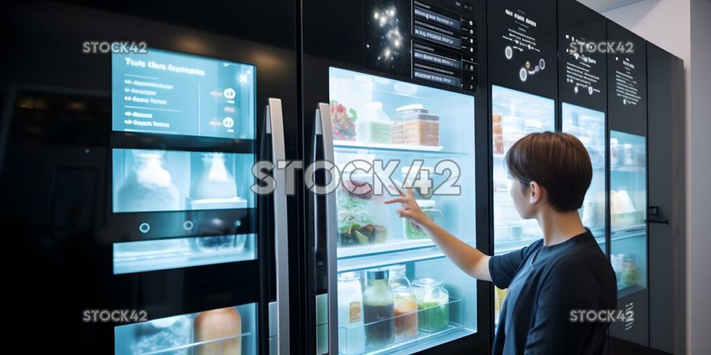 Una persona que usa un refrigerador inteligente para realizar un seguimiento de los alimentos