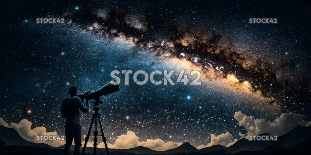 A person using a telescope to observe the stars and plane