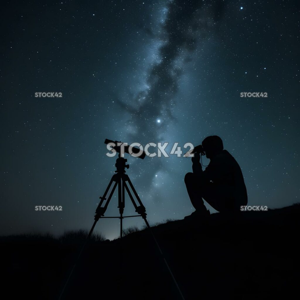 A person using a telescope to observe the stars and plane