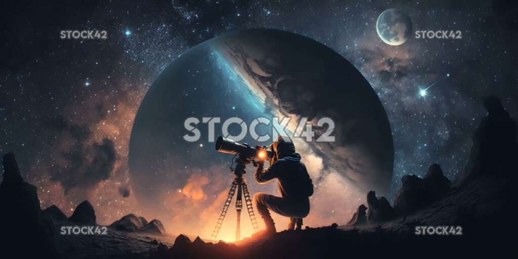 A person using a telescope to observe the stars and plane one