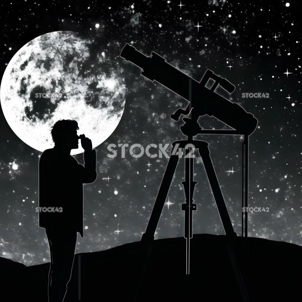 Una persona usando un telescopio para observar las estrellas y el plano dos.