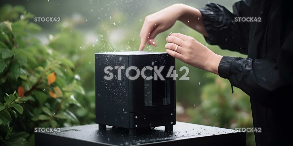 A person using a weather monitoring station to track temp