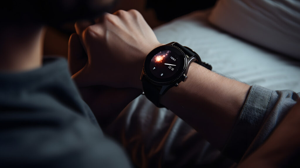 A person wearing a smartwatch that tracks their sleep pat