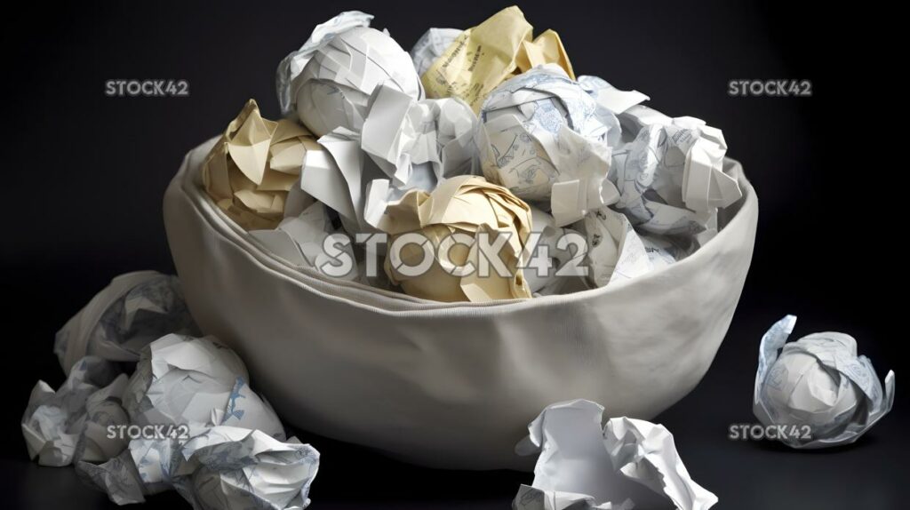 Ein Stapel zerknüllter Papierkugeln in einer Recycling-Tonne