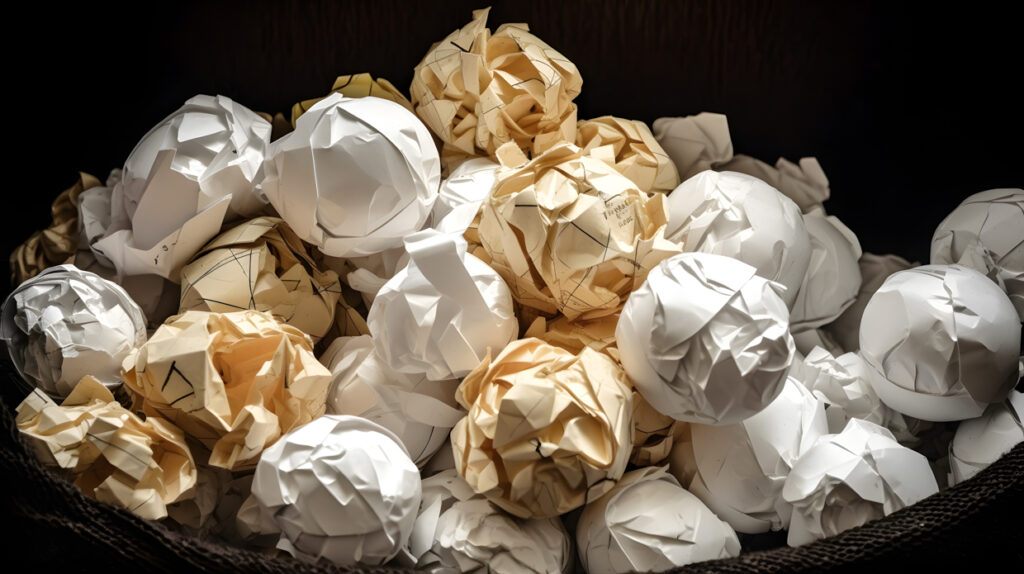 A pile of crumpled paper balls in a recycling bin one