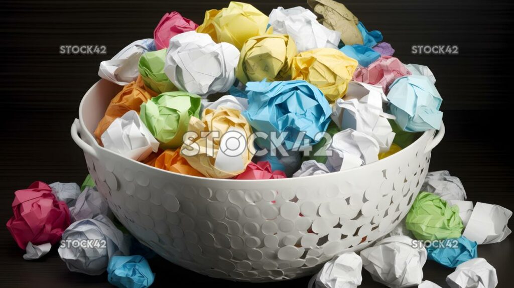 A pile of crumpled paper balls in a recycling bin two