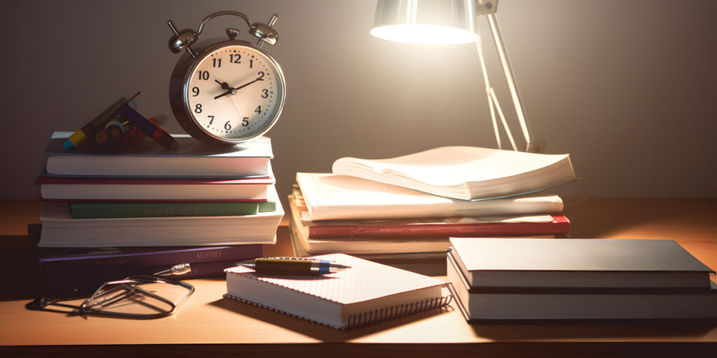 A pile of textbooks and notebooks on a desk with a lamp a