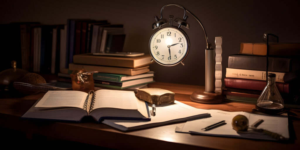 A pile of textbooks and notebooks on a desk with a lamp a one