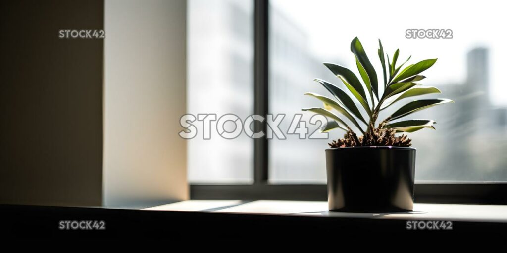 A plant sitting on a windowsill in a corporate office