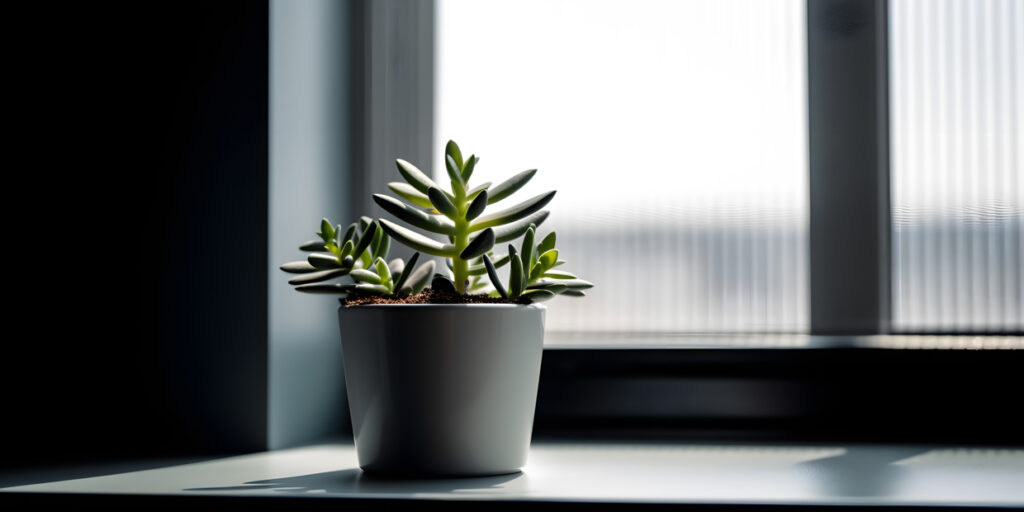 A plant sitting on a windowsill in a corporate office one