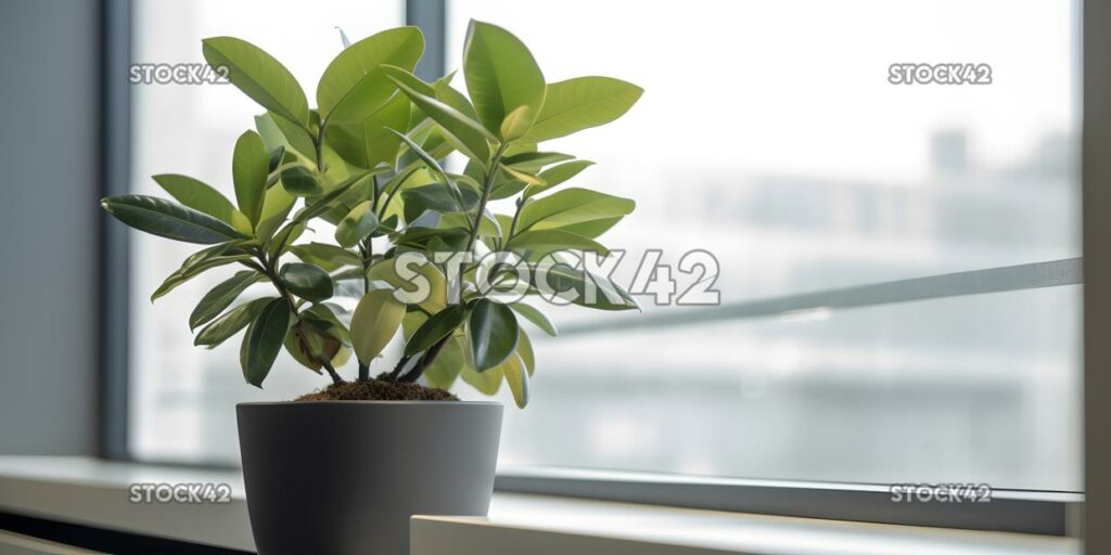 Una planta sentada en el alféizar de una ventana en una oficina corporativa tres