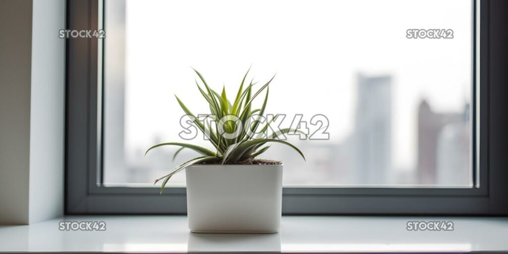 Una planta sentada en el alféizar de una ventana en una oficina corporativa dos