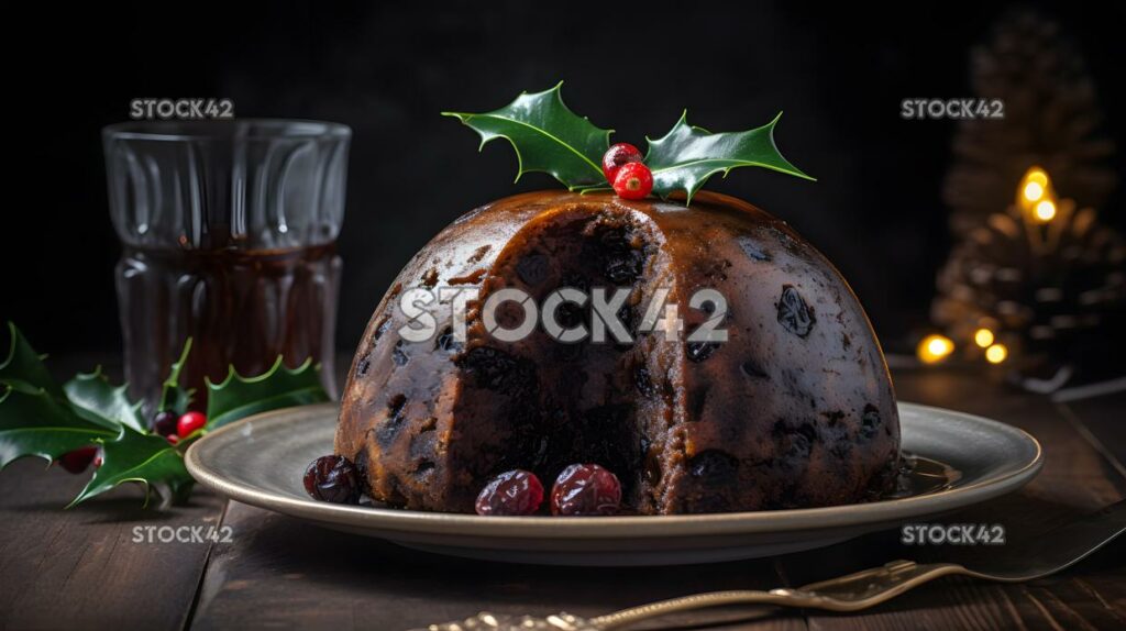 A plate of Christmas pudding with a sprig of holly on top