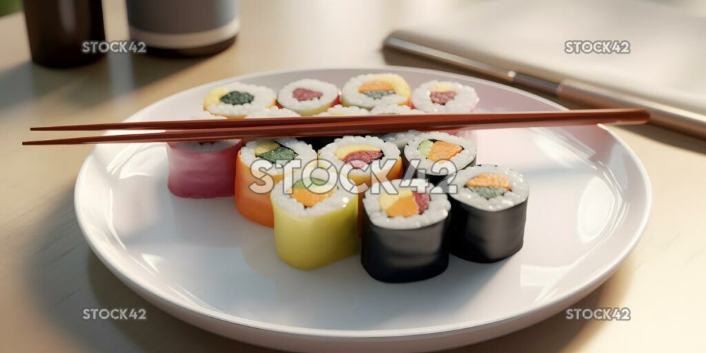 A plate of colorful sushi rolls with chopsticks and soy s