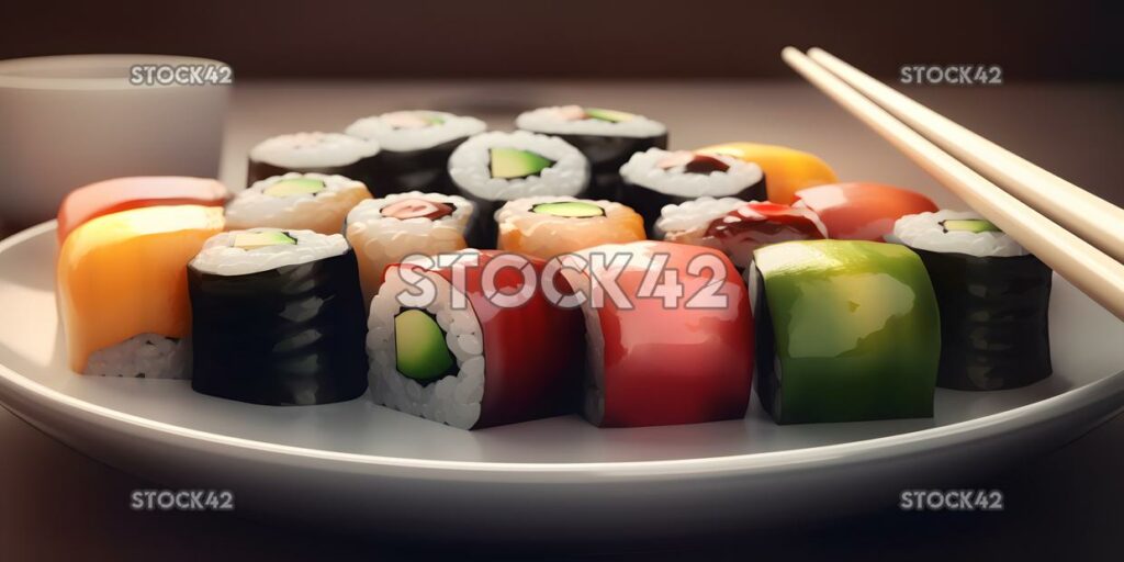 Ein Teller mit bunten Sushi-Rollen mit Stäbchen und Soja