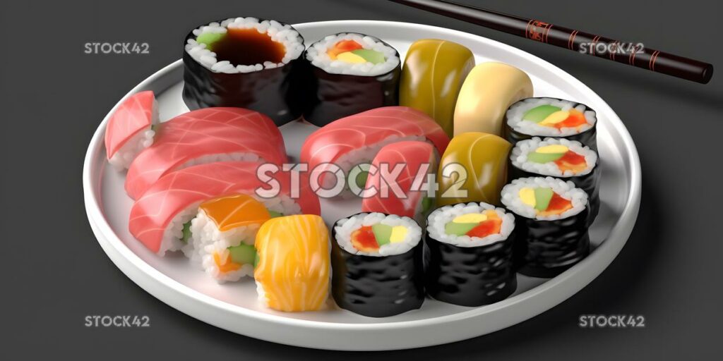 Ein Teller mit bunten Sushi-Rollen mit Stäbchen und Soja