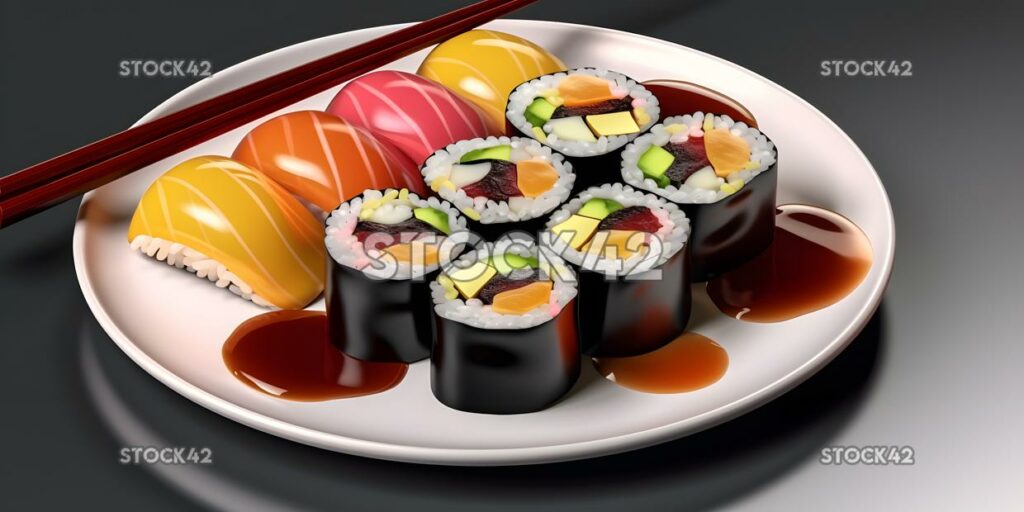 Ein Teller mit bunten Sushi-Rollen mit Stäbchen und Soja