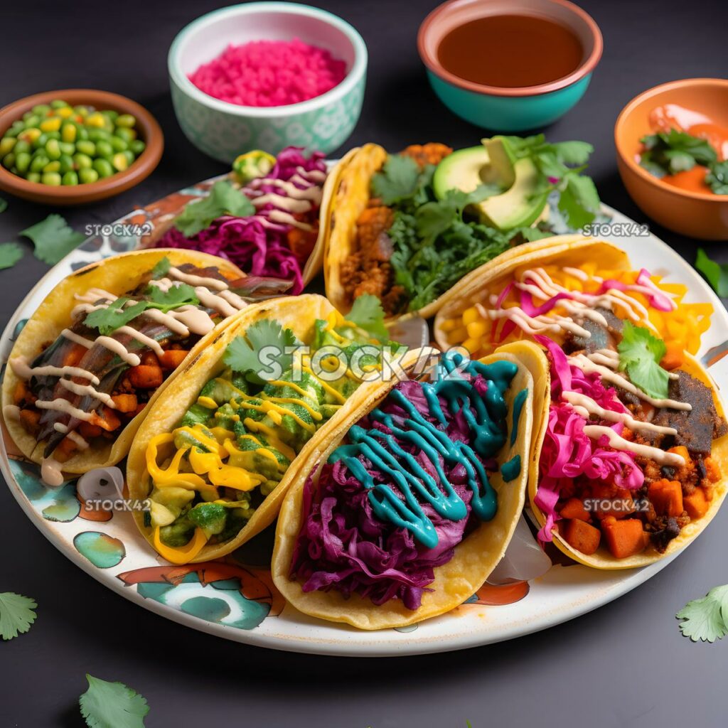 A plate of colorful vegan tacos with a variety of topping