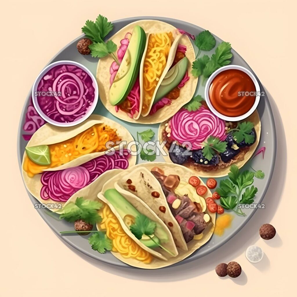 Un plato de coloridos tacos veganos con una variedad de aderezos