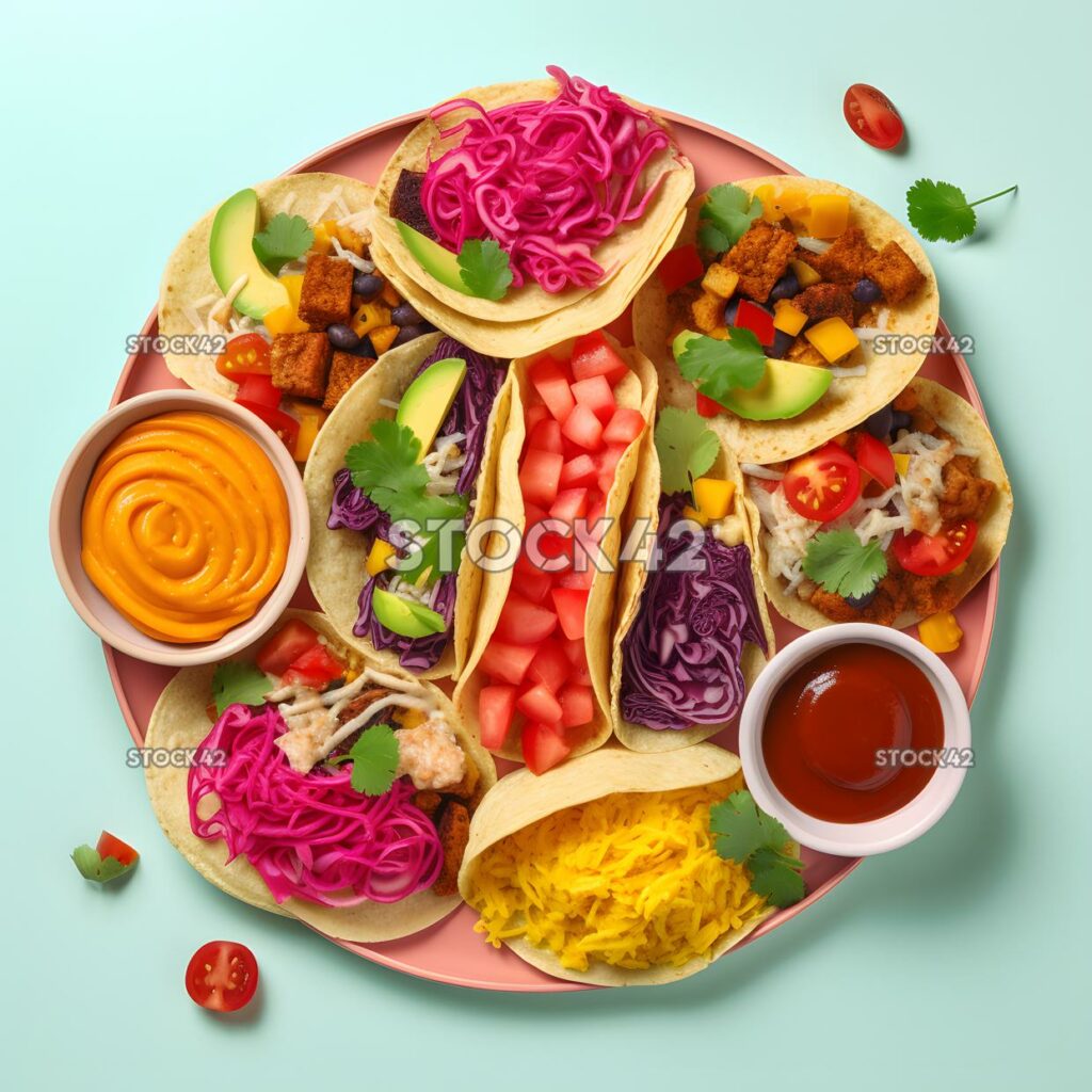 A plate of colorful vegan tacos with a variety of topping three