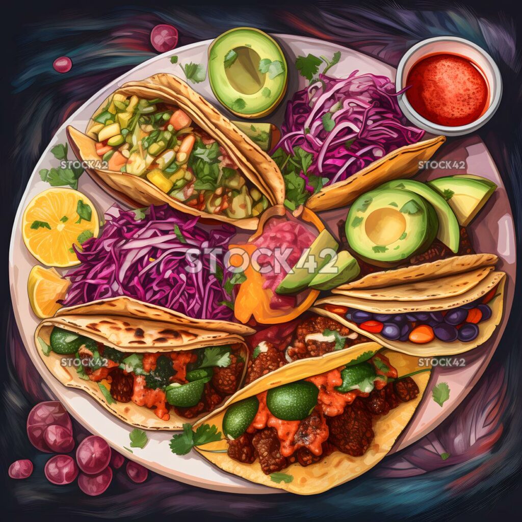 Ein Teller mit bunten veganen Tacos mit einer Vielzahl von Toppings