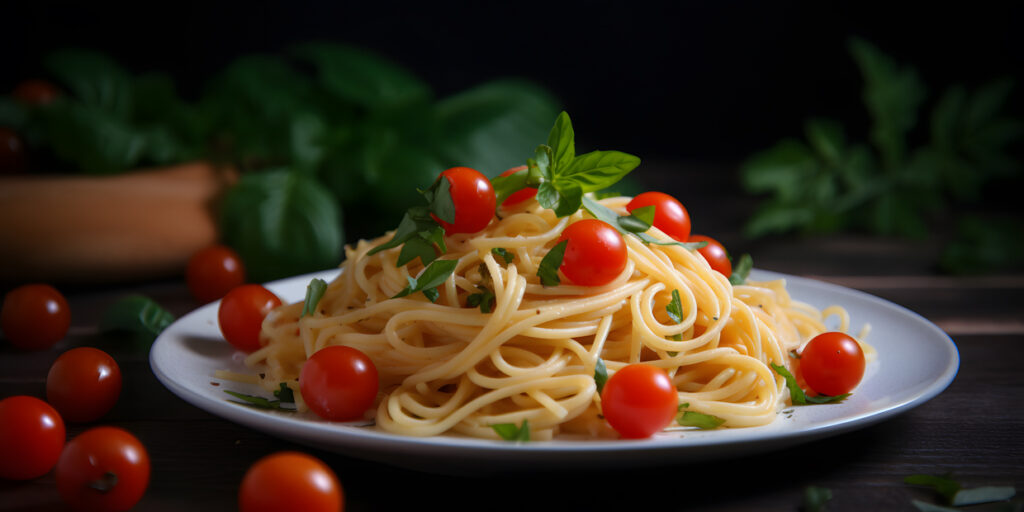 Ein Teller mit leckerer Pasta mit frischen Kräutern und Kirschen