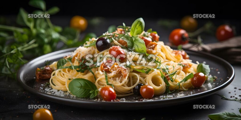 A plate of delicious pasta with fresh herbs and cherry to one